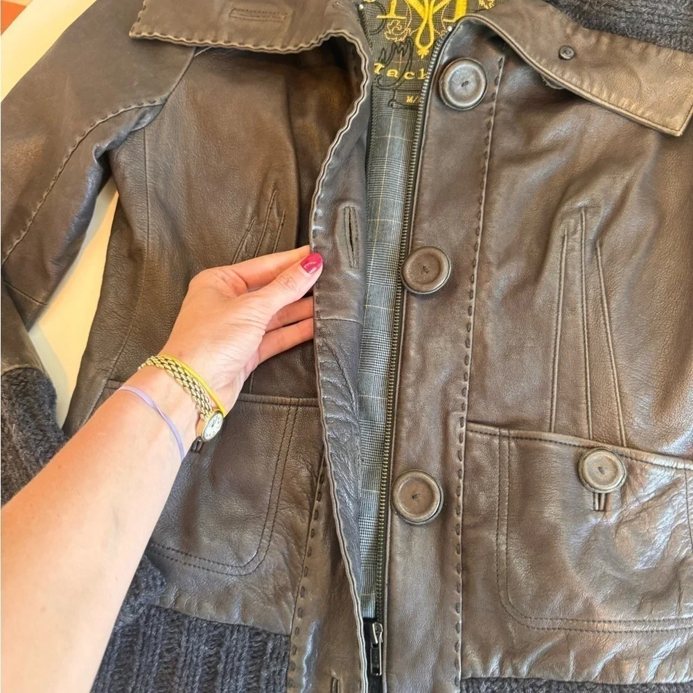 Mackage brown leather jacket size M with big buttons and zipper and knit accents
